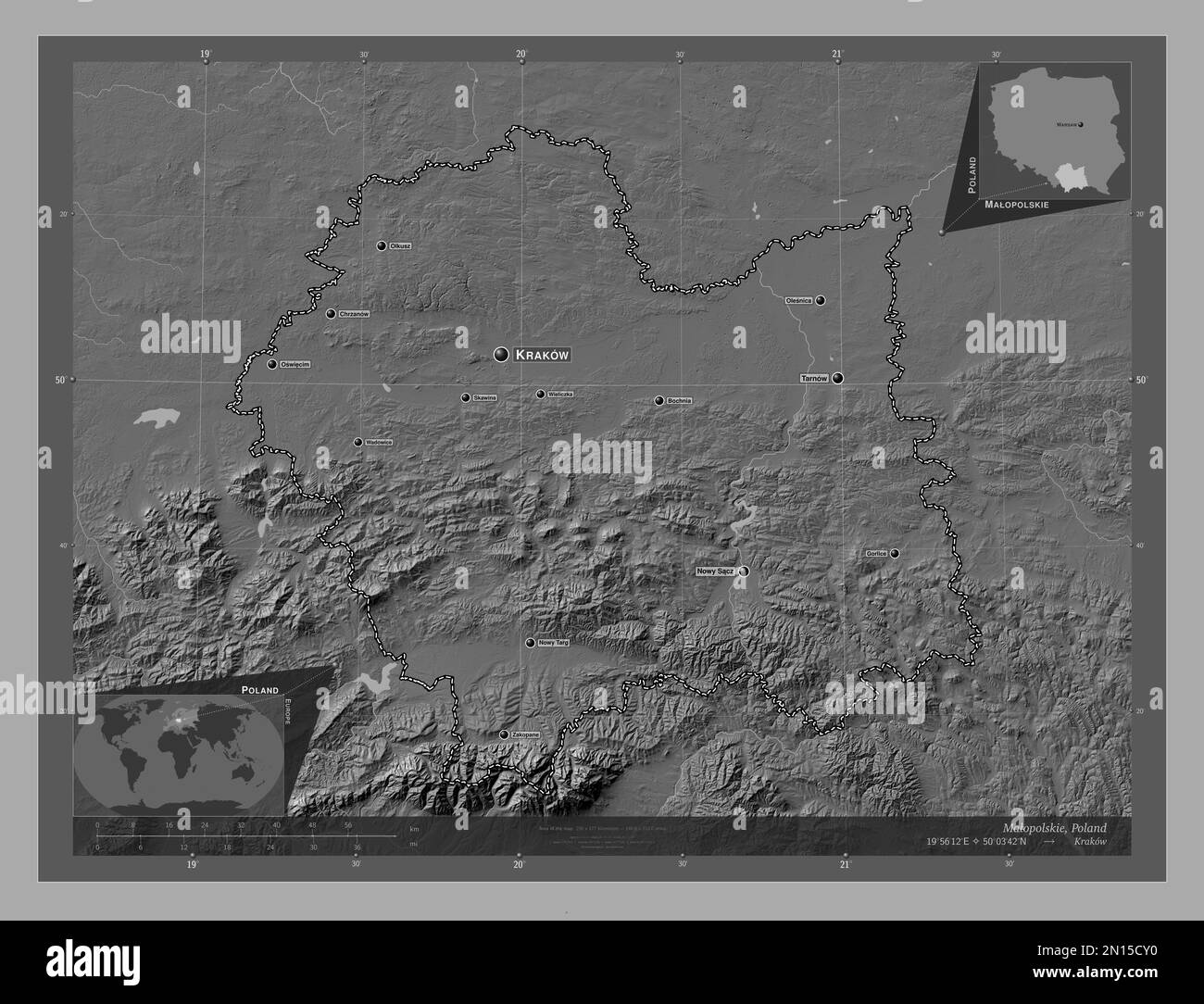 Malopolskie, voivodato|provincia di Polonia. Mappa altimetrica bilivello con laghi e fiumi. Località e nomi delle principali città della regione. Angolo au Foto Stock