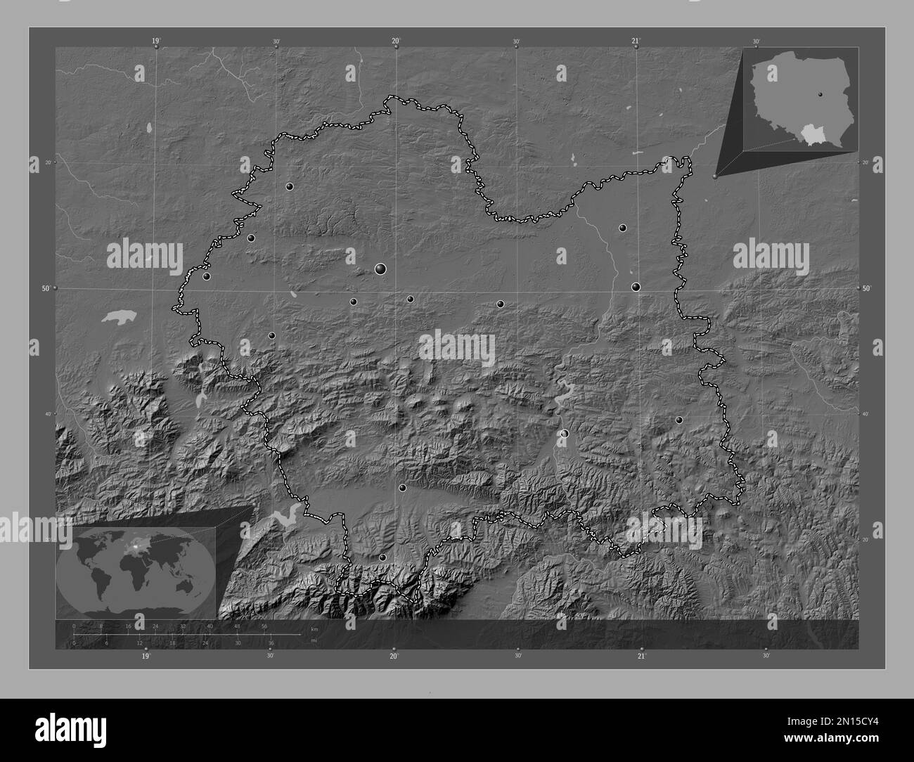 Malopolskie, voivodato|provincia di Polonia. Mappa altimetrica bilivello con laghi e fiumi. Posizioni delle principali città della regione. Angolo ausiliario basso Foto Stock