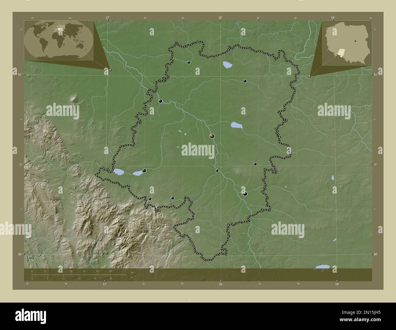 Opolskie, voivodato|provincia di Polonia. Mappa dell'altitudine colorata in stile wiki con laghi e fiumi. Posizioni delle principali città della regione. Angolo a Foto Stock