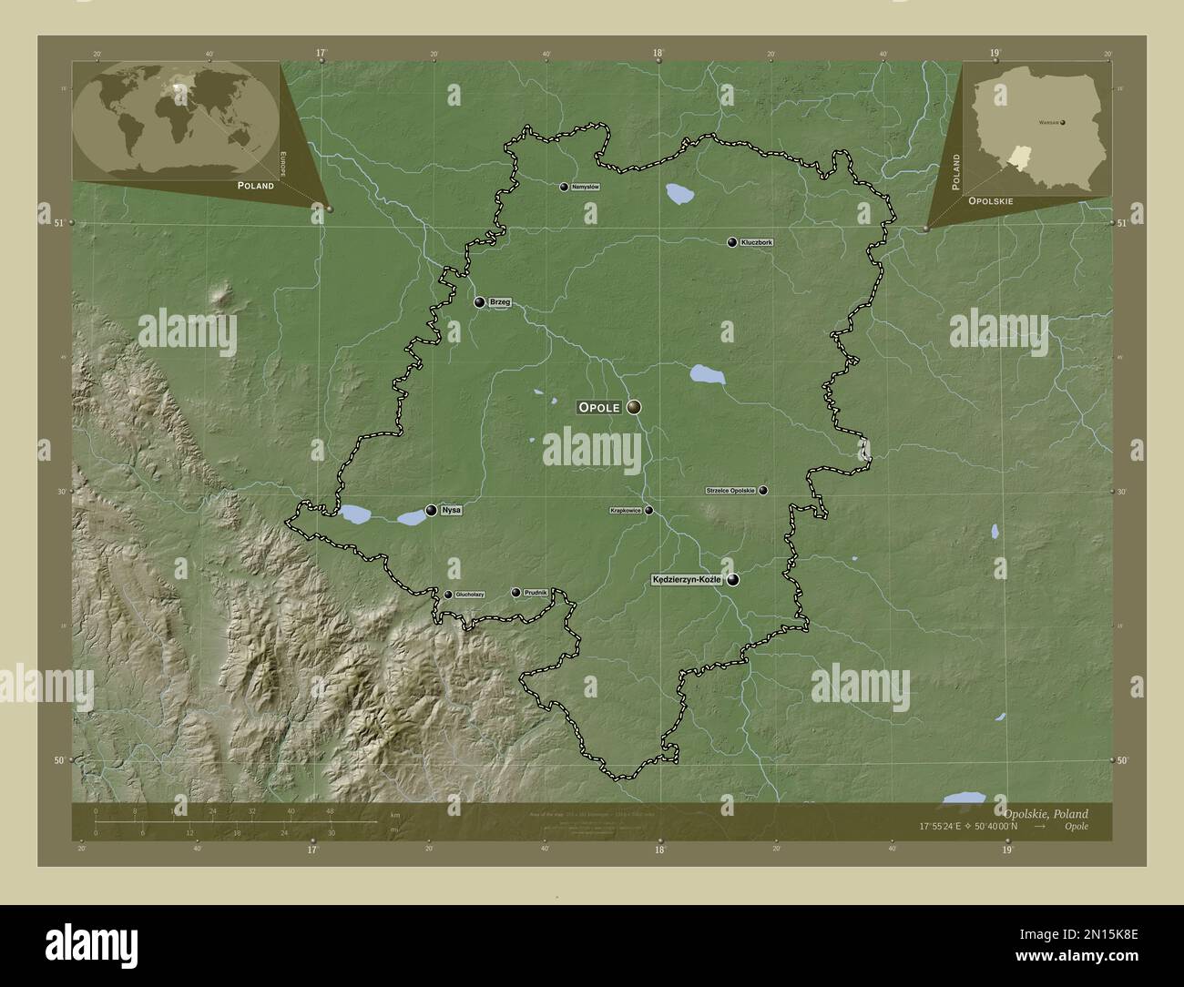 Opolskie, voivodato|provincia di Polonia. Mappa dell'altitudine colorata in stile wiki con laghi e fiumi. Località e nomi delle principali città della regione Foto Stock