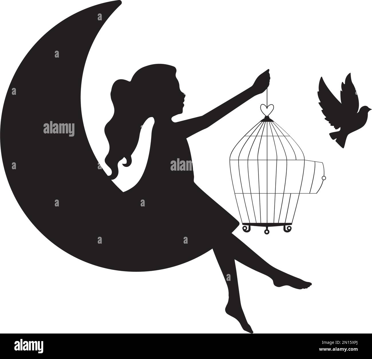 Ragazza che tiene aperta gabbia di uccello e di volo uccello silhouette, vettore. Ragazza silhouette su una luna. Decalcomanie da parete isolate su sfondo bianco, design artistico Illustrazione Vettoriale