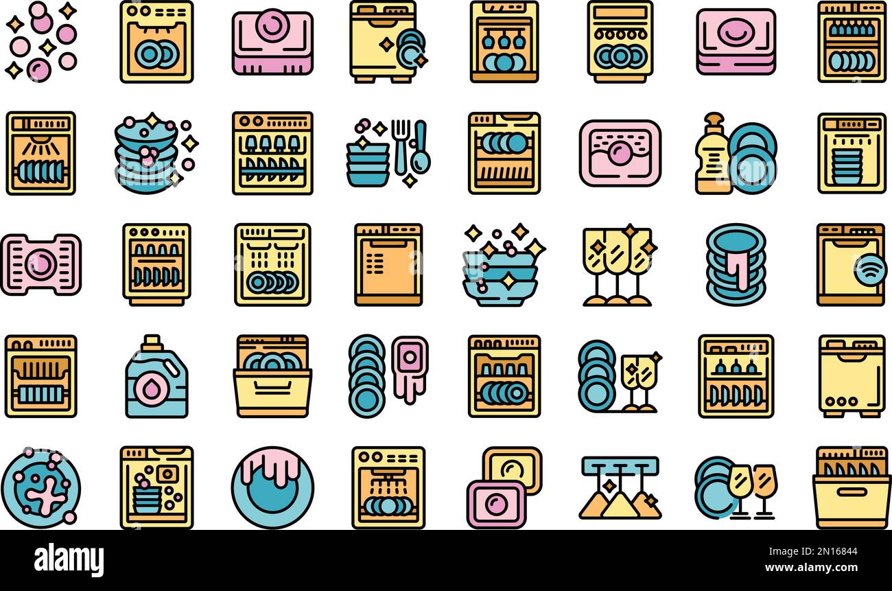 Le icone del detergente per lavastoviglie definiscono il vettore di contorno. Schede pubblicitarie. Capsule linea di colore pulita su bianco isolato Illustrazione Vettoriale