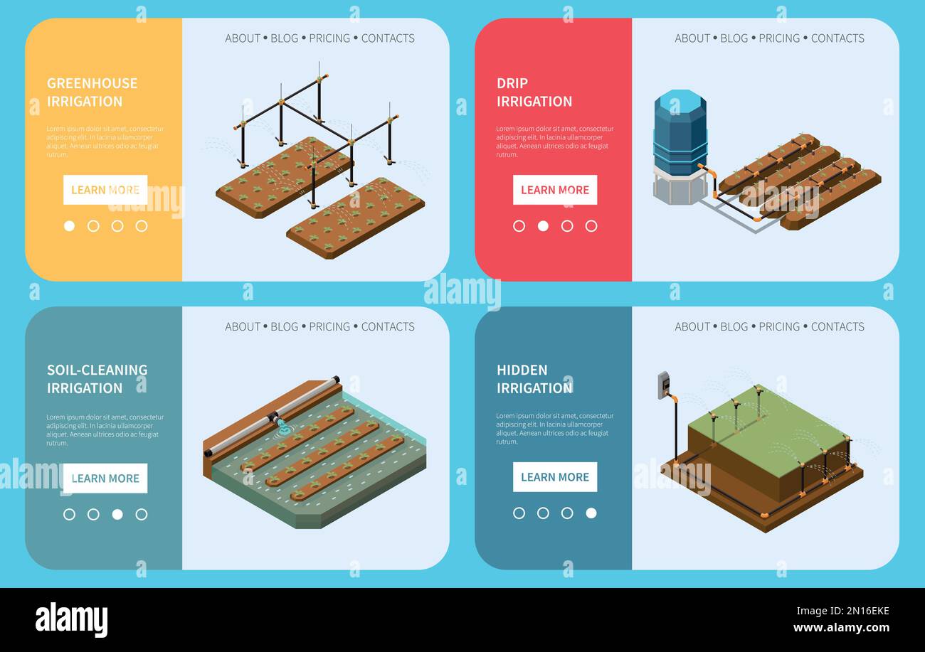 Sistemi di irrigazione landing pages che forniscono informazioni su serra gocciolamento nascosto e pulizia del suolo irrigazione isometrica vettore illustrazione Illustrazione Vettoriale