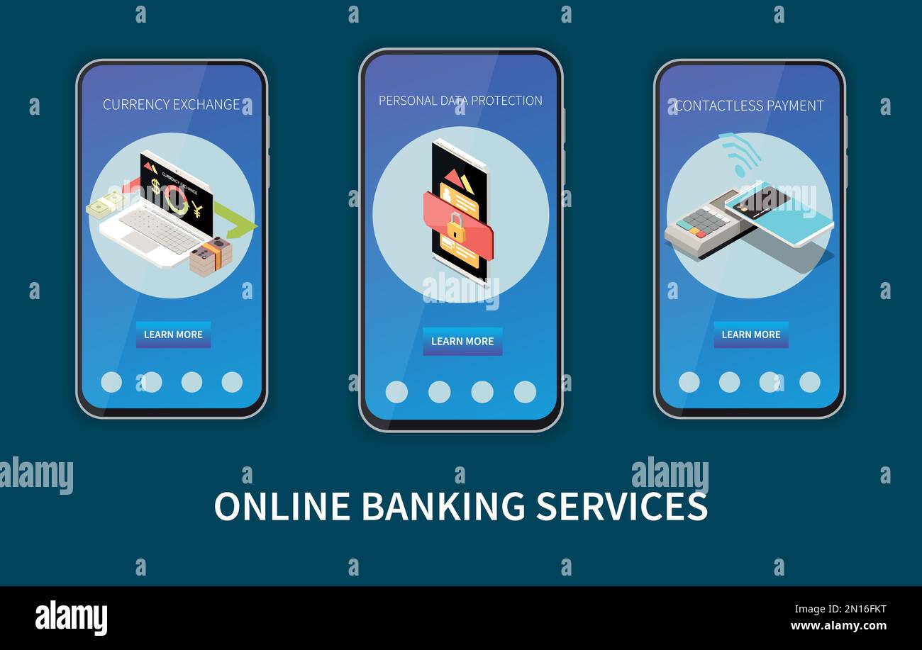 Servizi di mobile banking online sullo schermo dello smartphone con informazioni sul cambio valuta pagamento contactless protezione dei dati personali isometrica v Illustrazione Vettoriale