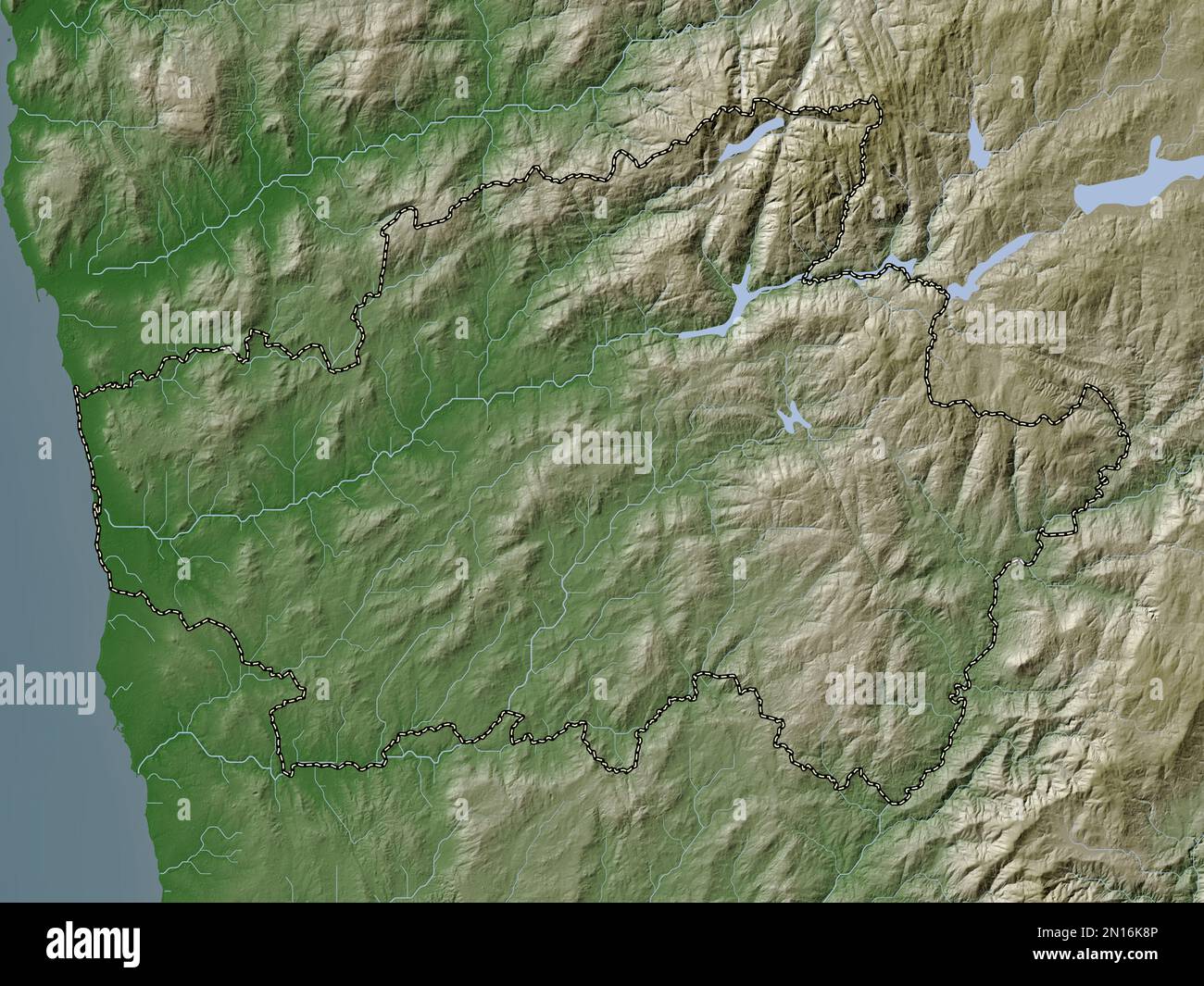 Braga, distretto del Portogallo. Mappa dell'altitudine colorata in stile wiki con laghi e fiumi Foto Stock