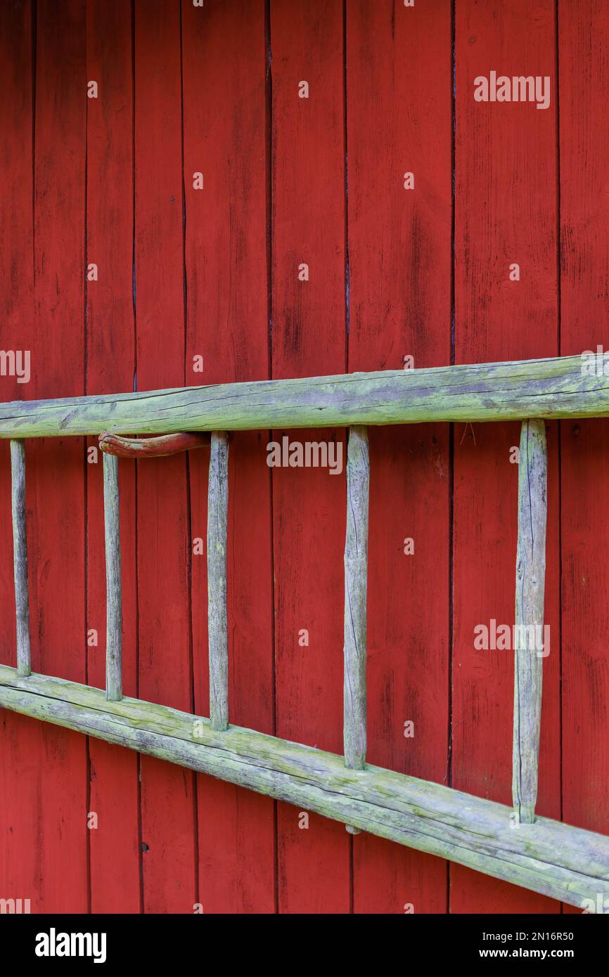 Vecchia scala di legno appesa ad un fienile Foto Stock
