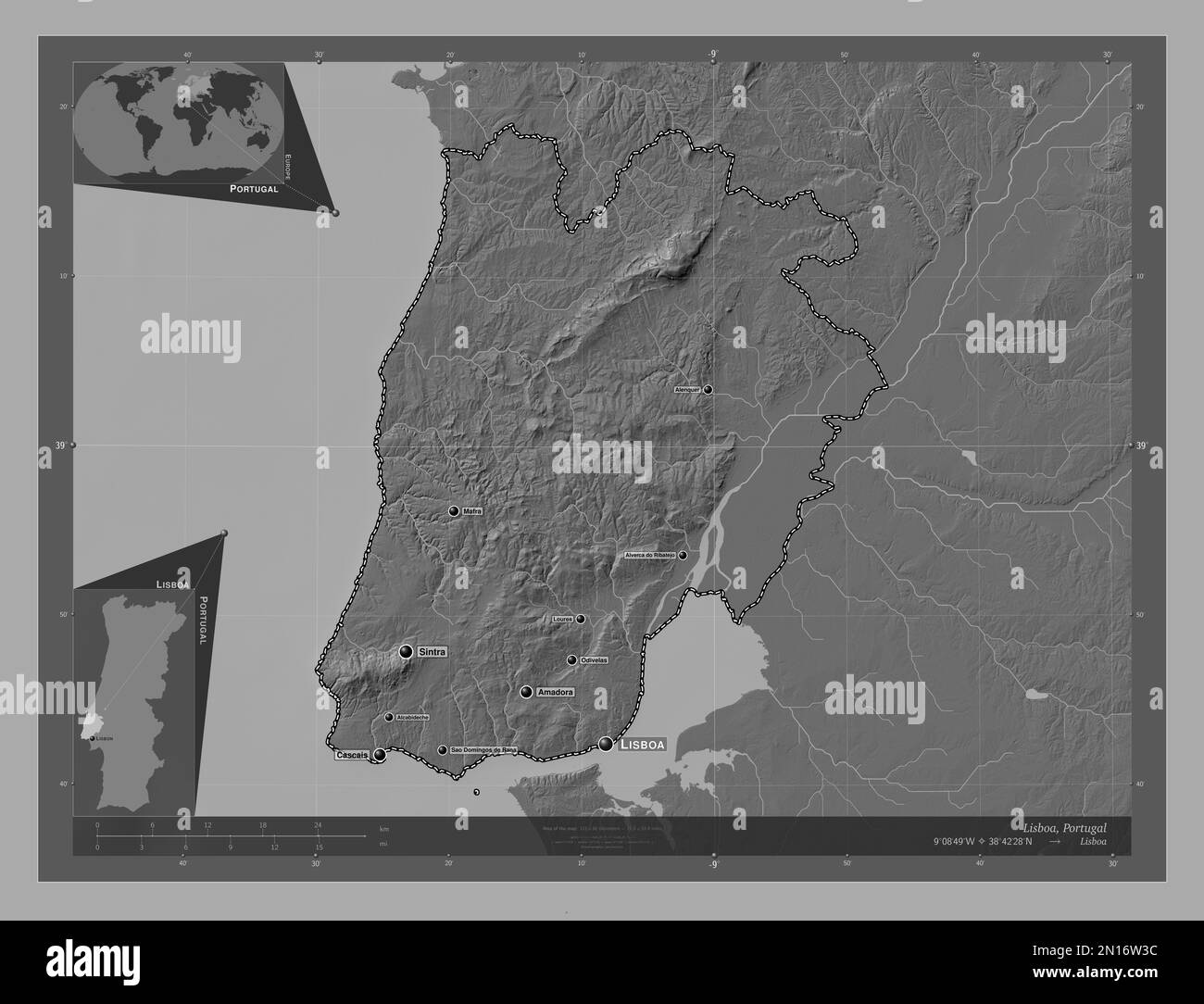 Lisboa, distretto del Portogallo. Mappa altimetrica bilivello con laghi e fiumi. Località e nomi delle principali città della regione. Posizione ausiliaria angolo Foto Stock