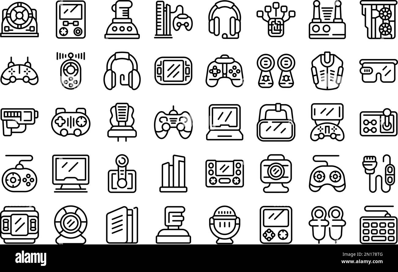 Giochi accessori icone set vettoriale contorno. Controller per videogiochi. Computer del giocatore Illustrazione Vettoriale