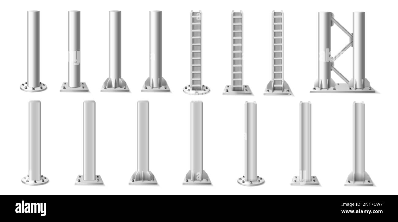 Pali metallici o colonne di varie forme realistiche set isolato su sfondo bianco illustrazione vettoriale Illustrazione Vettoriale