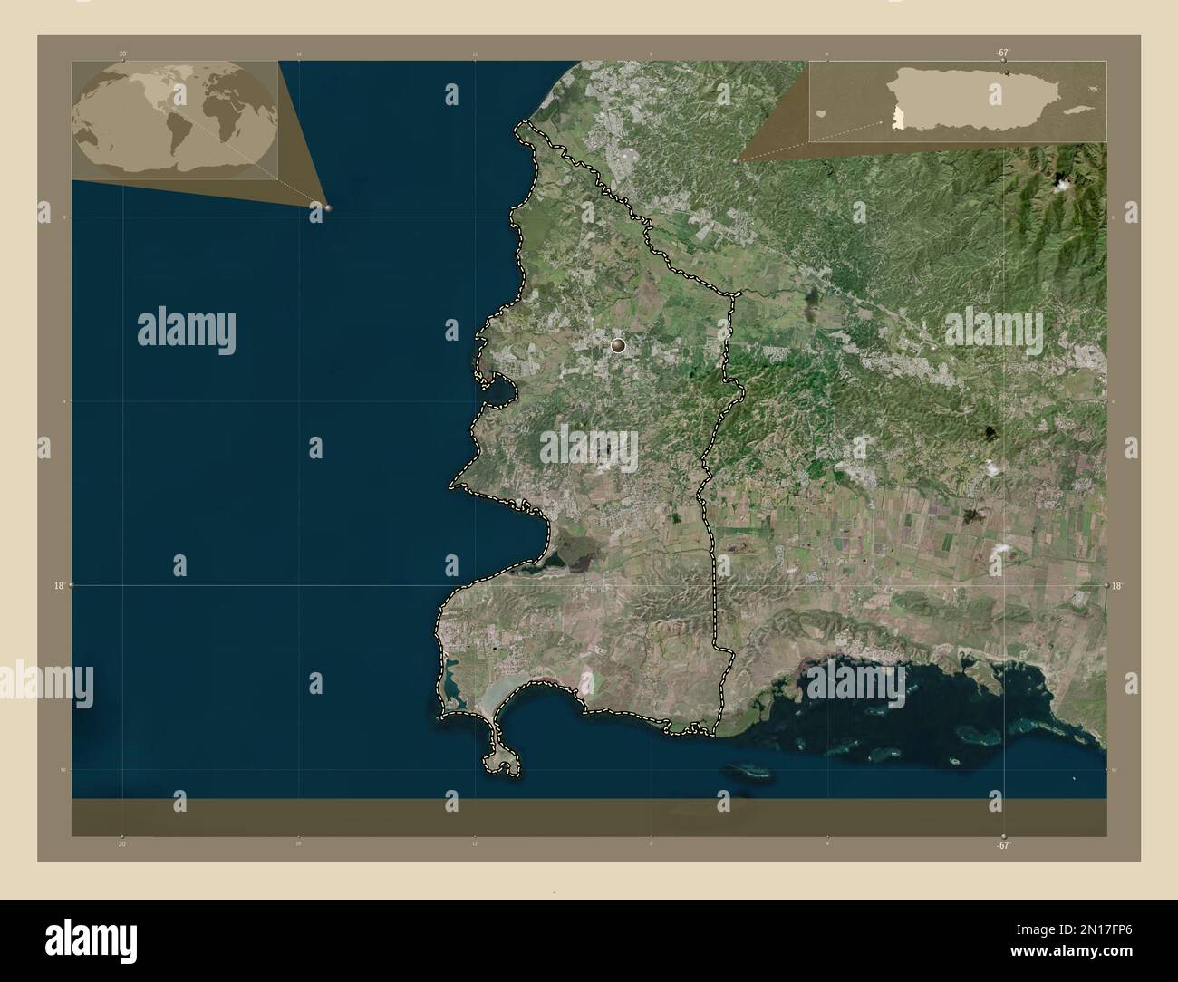 Cabo Rojo, comune di Puerto Rico. Mappa in scala di grigi con laghi e fiumi. Mappe delle posizioni ausiliarie degli angoli Foto Stock