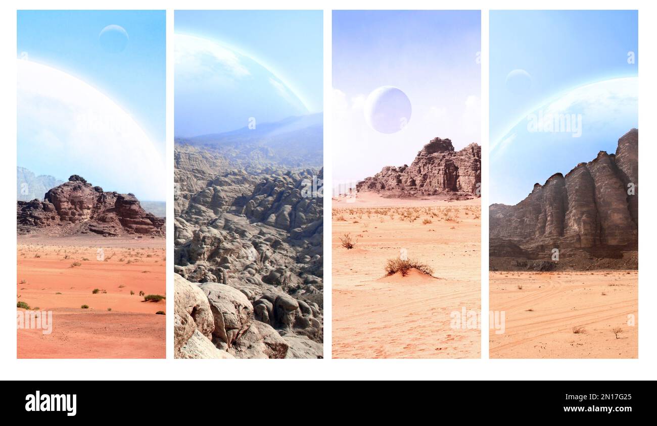 Set di striscioni verticali con paesaggi fantastici con deserto di sabbia, roccia e pianeti in cielo. rendering 3d. Elementi di questa immagine forniti dalla NASA Foto Stock