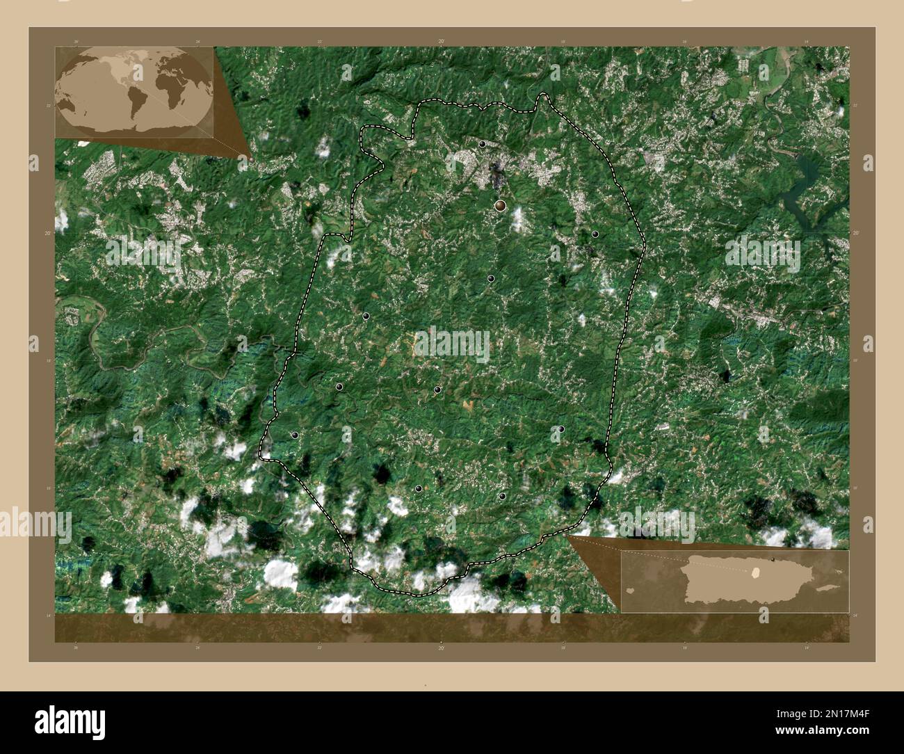 Corozal, comune di Puerto Rico. Mappa satellitare a bassa risoluzione. Posizioni delle principali città della regione. Mappe delle posizioni ausiliarie degli angoli Foto Stock