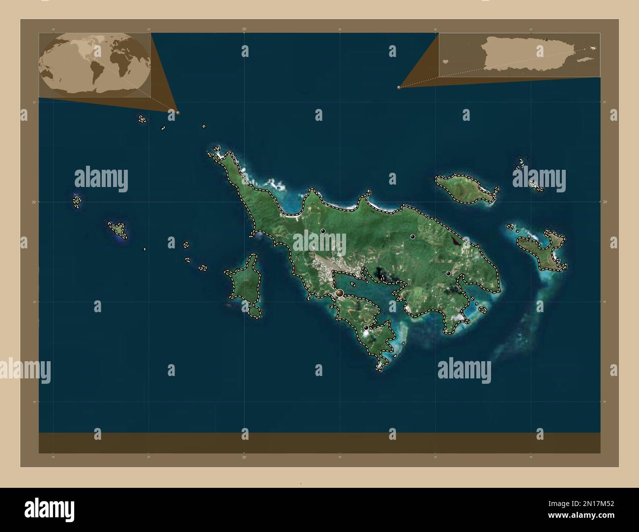 Culebra, comune di Puerto Rico. Mappa satellitare a bassa risoluzione. Posizioni delle principali città della regione. Mappe delle posizioni ausiliarie degli angoli Foto Stock