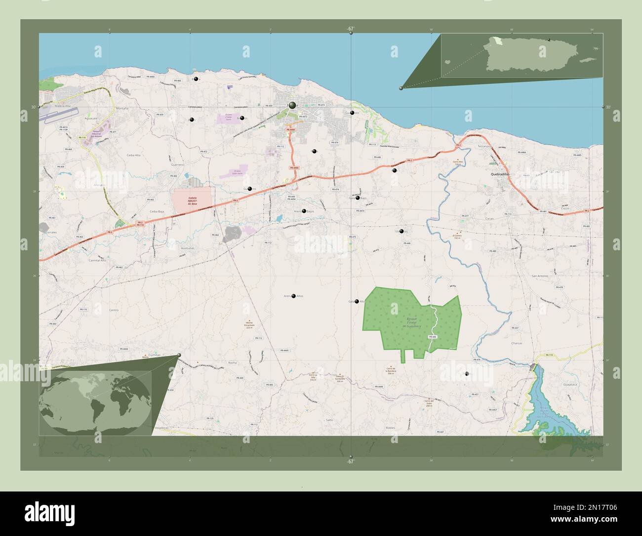 Isabela, comune di Puerto Rico. Aprire la mappa stradale. Posizioni delle principali città della regione. Mappe delle posizioni ausiliarie degli angoli Foto Stock