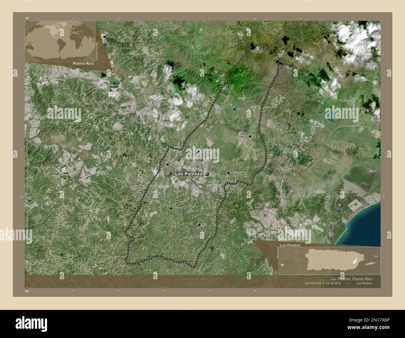 Las Piedras, comune di Puerto Rico. Mappa satellitare ad alta risoluzione. Località e nomi delle principali città della regione. Posizione ausiliaria ad angolo Foto Stock