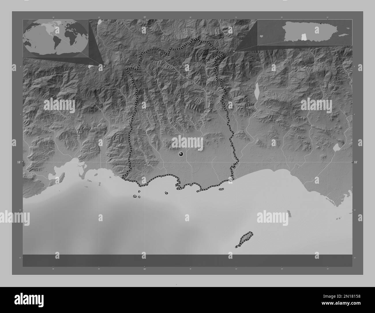 Ponce, comune di Porto Rico. Mappa in scala di grigi con laghi e fiumi. Mappe delle posizioni ausiliarie degli angoli Foto Stock