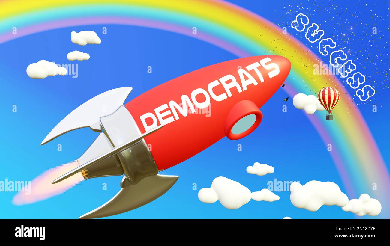 I democratici portano al successo nel mondo degli affari e della vita. Razzo cartoon etichettato con testo Democratici, volando in alto nel cielo blu per raggiungere l'arcobaleno Foto Stock