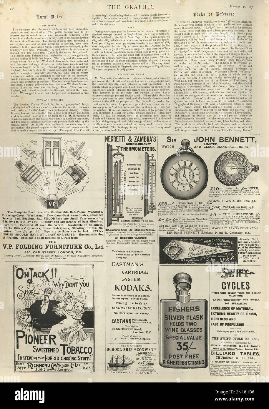 Annunci di newspaper vittoriano, 1890s, Pioneer tabacco zuccherato, kodaks, mobili pieghevoli Foto Stock