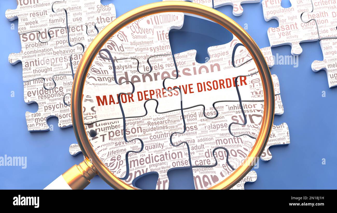 Disturbo depressivo maggiore come argomento complesso sotto stretta ispezione. Complessità mostrata come pezzi di puzzle con decine di idee e concetti correlati Foto Stock