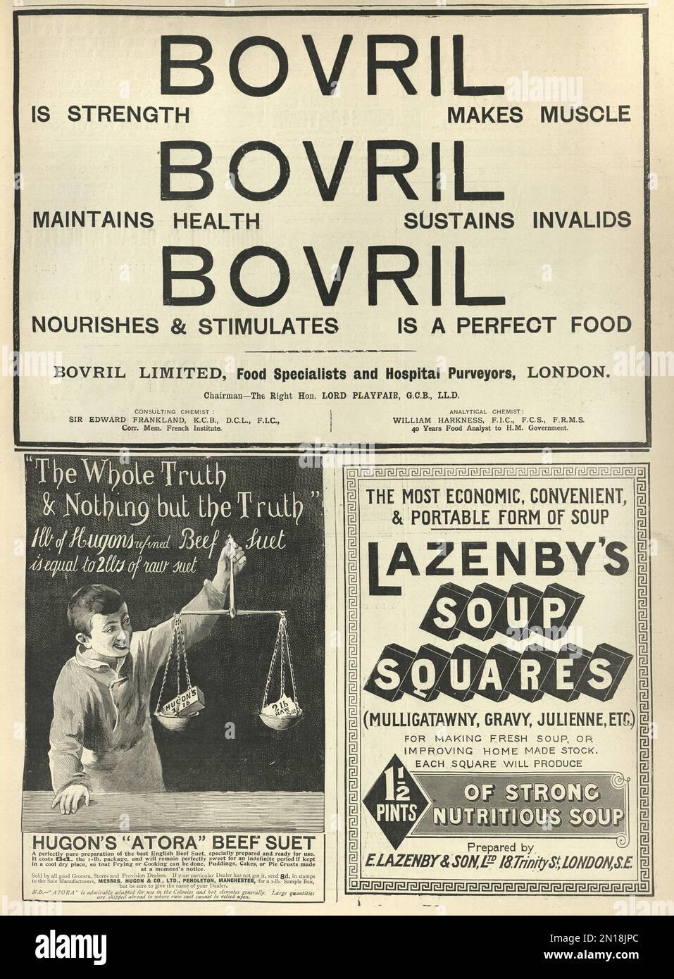 Pagina di annunci di giornale vittoriano, Bovril, Atora Beef Suet, Lazenby's Soup Square, 1890s, 19th ° secolo Foto Stock