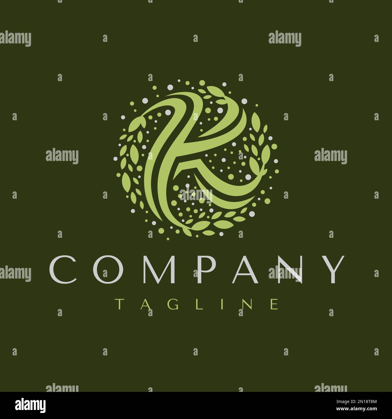 Modello con logo Leaf K letter. Logo K a base di erbe vettore grafico. Illustrazione Vettoriale