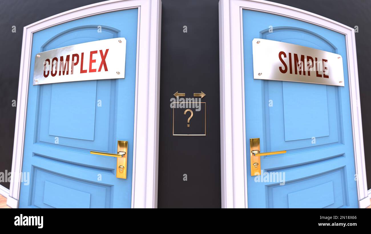 Complesso o semplice - una scelta. Due opzioni tra cui scegliere rappresentate da porte che portano a risultati diversi. Simboleggia la decisione di scegliere una delle due COM Foto Stock
