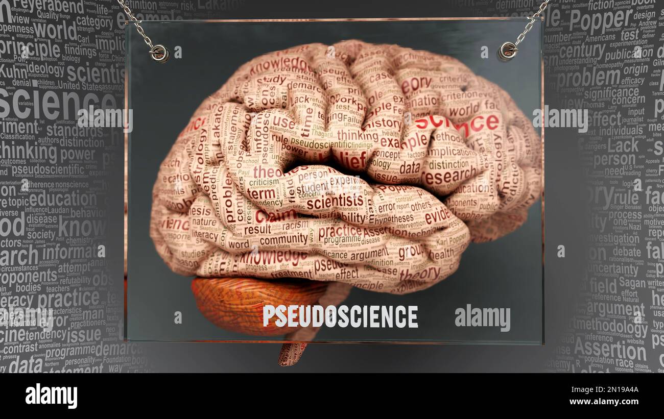 Pseudoscienza nel cervello umano - dozzine di termini importanti che descrivono le proprietà di pseudoscienza dipinte sopra la corteccia cerebrale per simbolizzare la pseudoscienza Foto Stock