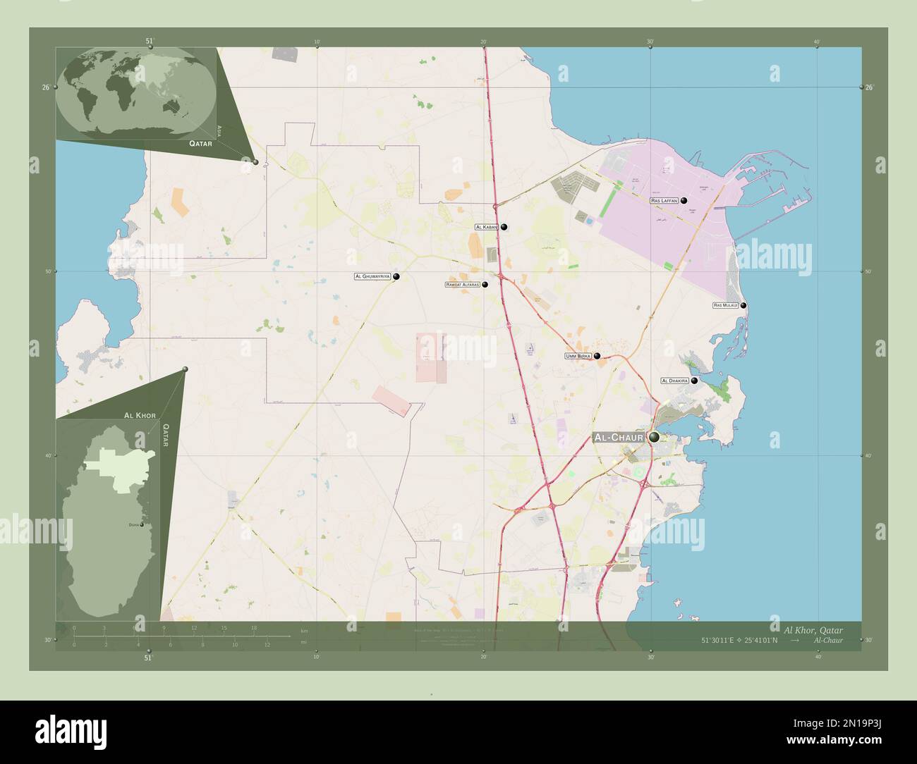 Al Khor, comune del Qatar. Aprire la mappa stradale. Località e nomi delle principali città della regione. Mappe delle posizioni ausiliarie degli angoli Foto Stock