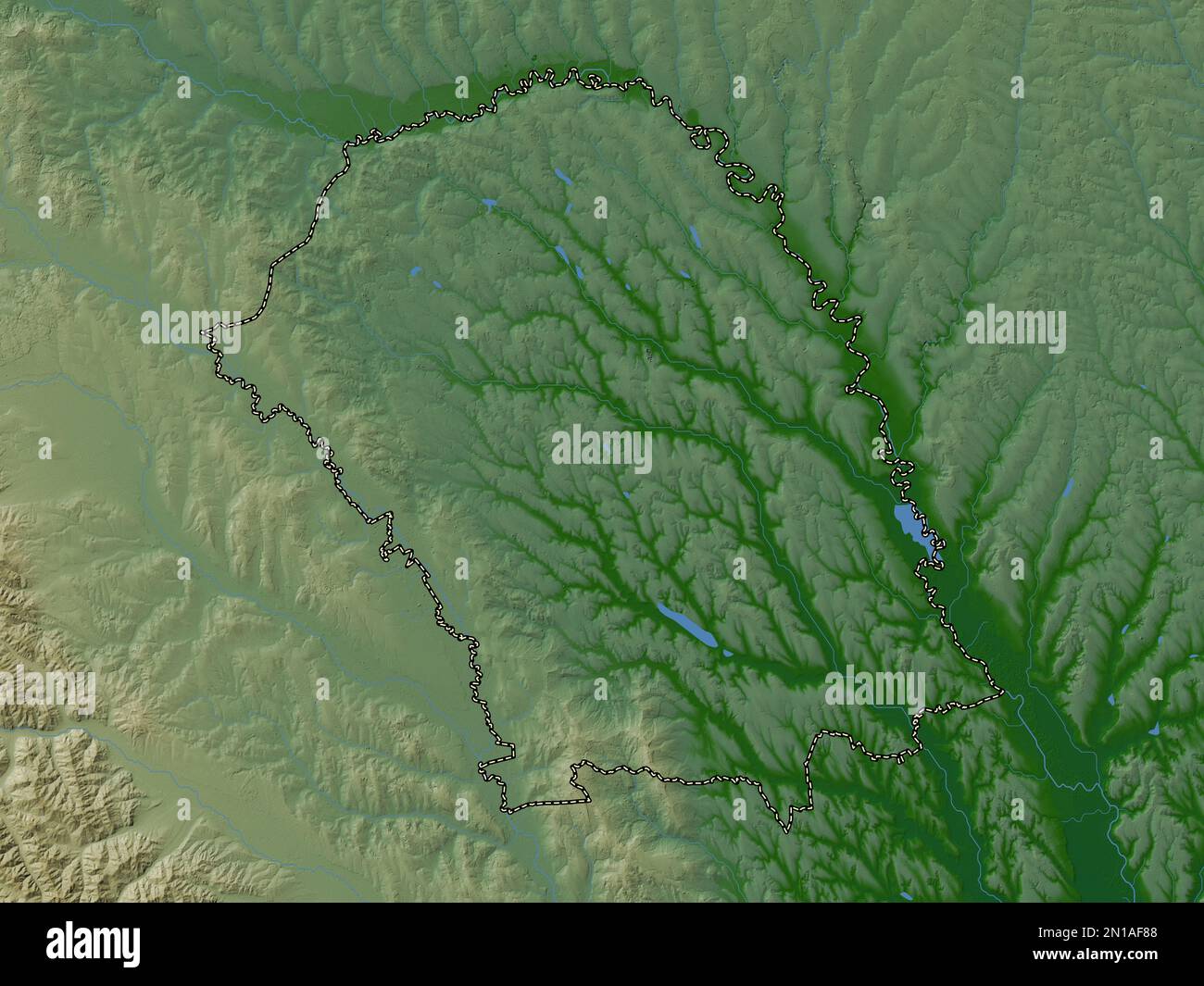 Botosani, contea di Romania. Mappa di altitudine colorata con laghi e fiumi Foto Stock