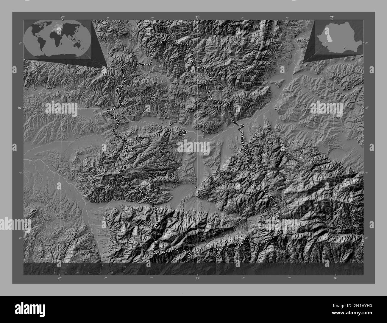 Hunedoara, contea della Romania. Mappa altimetrica bilivello con laghi e fiumi. Mappe delle posizioni ausiliarie degli angoli Foto stock - Alamy
