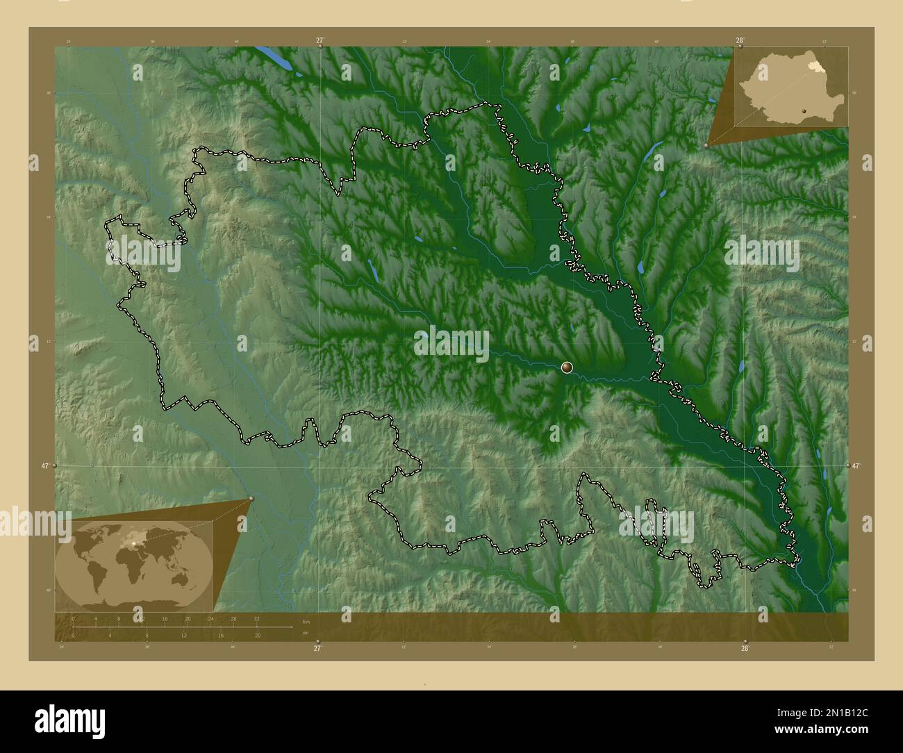 Iasi, contea della Romania. Mappa di altitudine colorata con laghi e fiumi. Mappe delle posizioni ausiliarie degli angoli Foto Stock