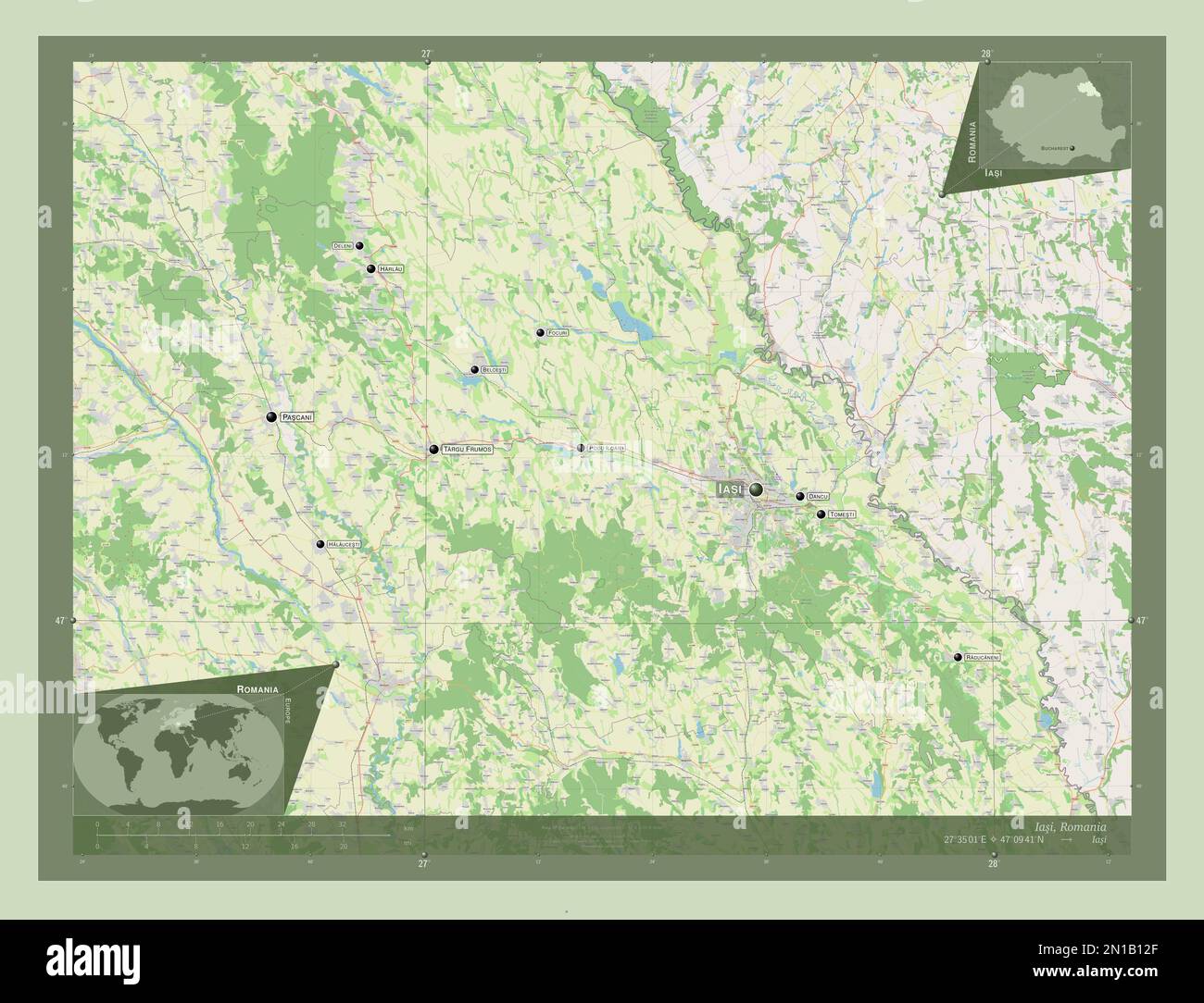 Iasi, contea della Romania. Aprire la mappa stradale. Località e nomi delle principali città della regione. Mappe delle posizioni ausiliarie degli angoli Foto Stock