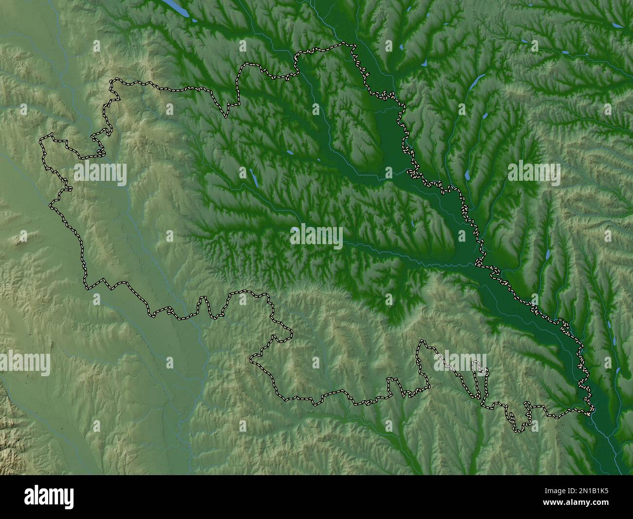 Iasi, contea della Romania. Mappa di altitudine colorata con laghi e fiumi Foto Stock
