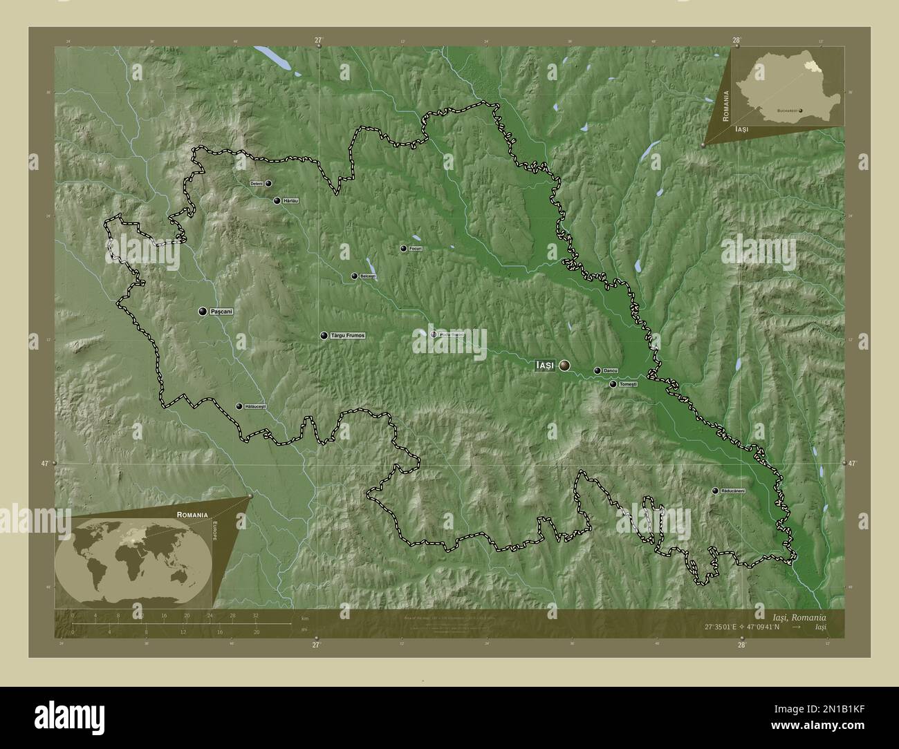 Iasi, contea della Romania. Mappa dell'altitudine colorata in stile wiki con laghi e fiumi. Località e nomi delle principali città della regione. Ausiliario angolo Foto Stock