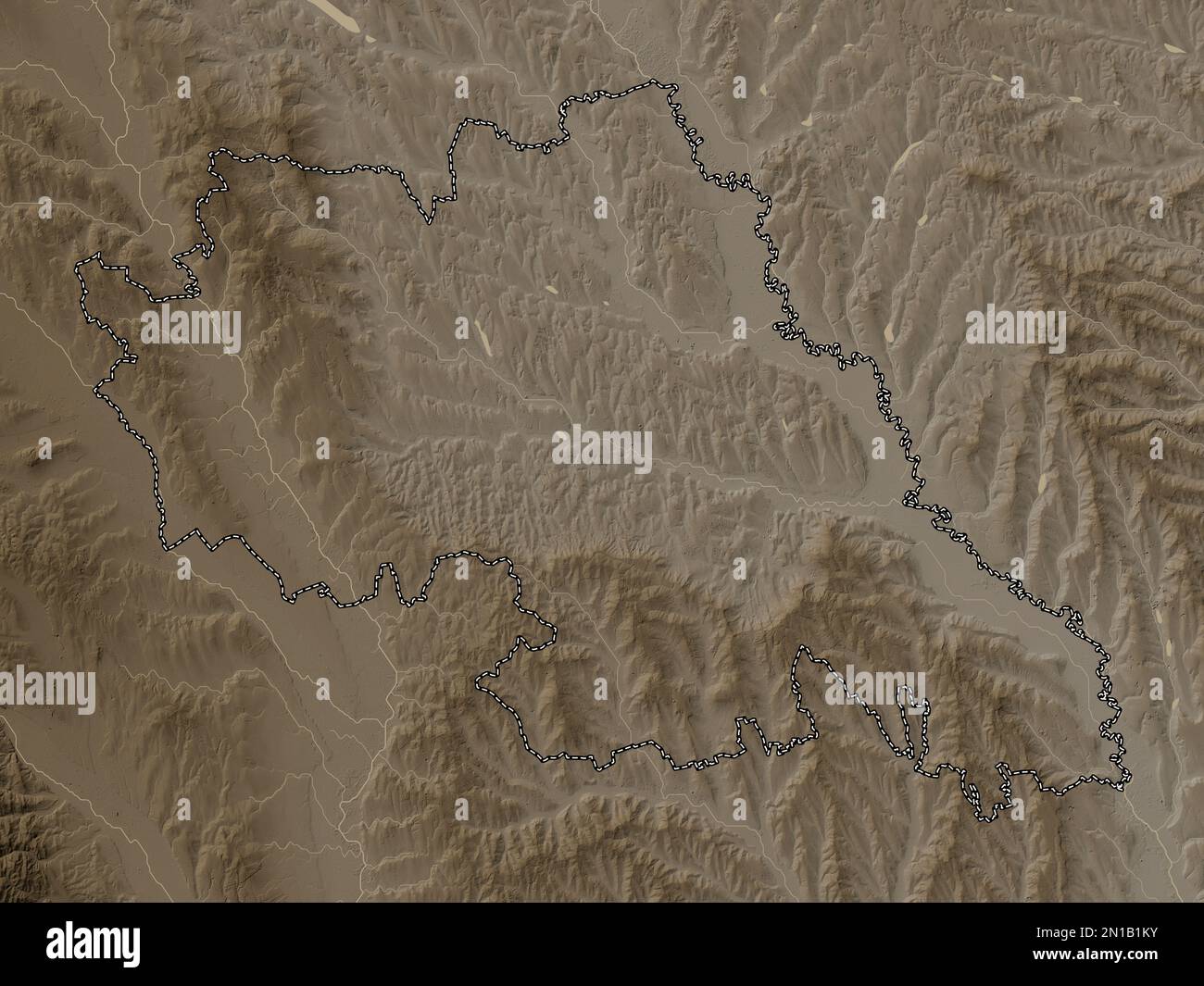 Iasi, contea della Romania. Mappa dell'altitudine colorata in tonalità seppia con laghi e fiumi Foto Stock