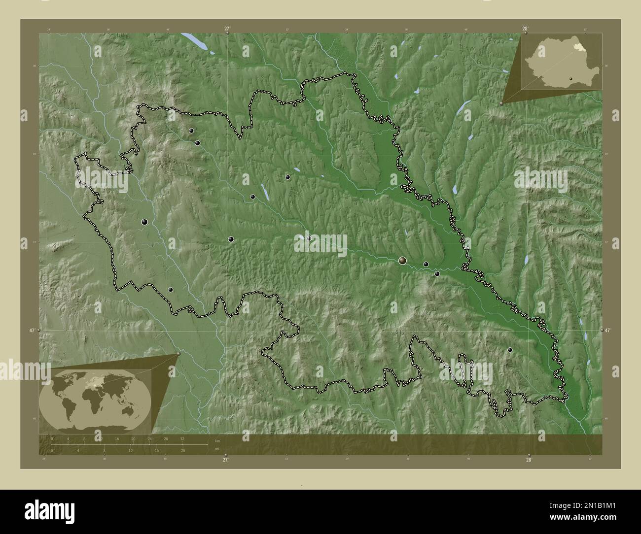 Iasi, contea della Romania. Mappa dell'altitudine colorata in stile wiki con laghi e fiumi. Posizioni delle principali città della regione. Posizione ausiliaria ad angolo Foto Stock