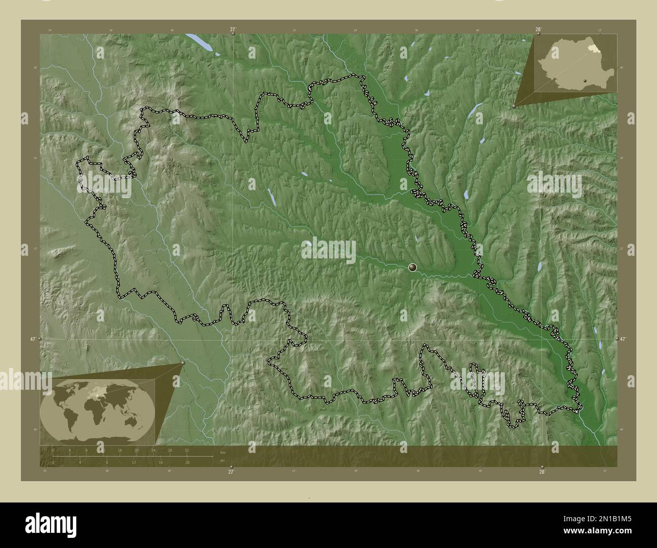 Iasi, contea della Romania. Mappa dell'altitudine colorata in stile wiki con laghi e fiumi. Mappe delle posizioni ausiliarie degli angoli Foto Stock