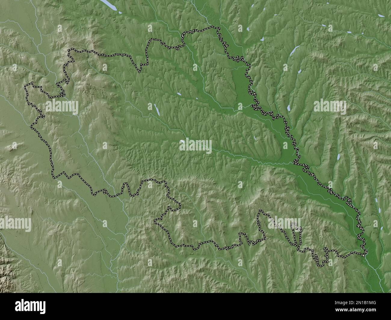 Iasi, contea della Romania. Mappa dell'altitudine colorata in stile wiki con laghi e fiumi Foto Stock