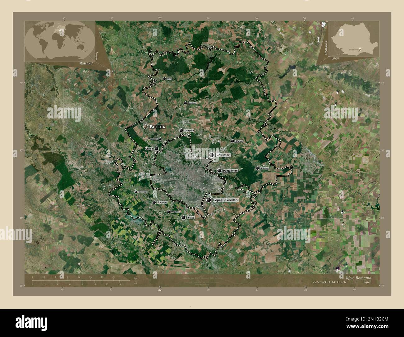 Ilfov, contea della Romania. Mappa satellitare ad alta risoluzione. Località e nomi delle principali città della regione. Mappe delle posizioni ausiliarie degli angoli Foto Stock