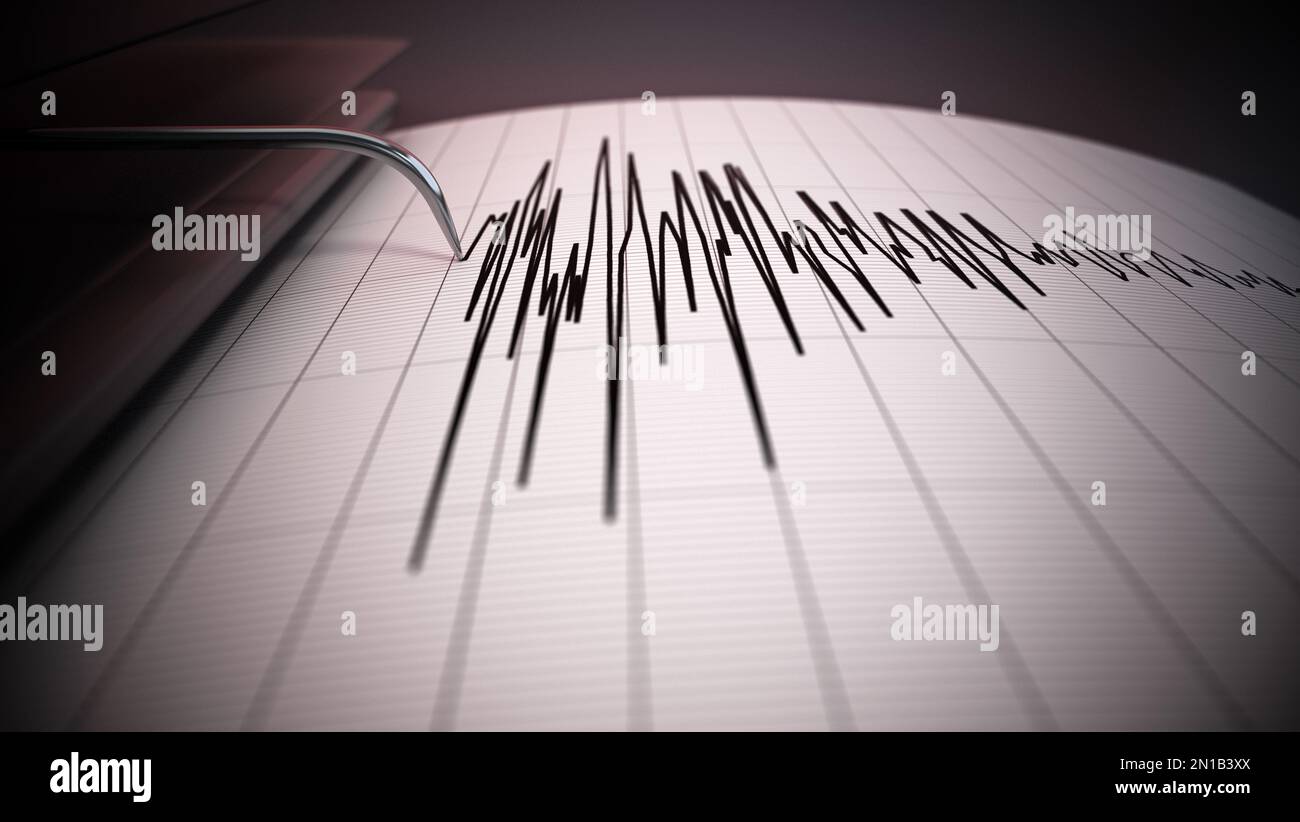 Dati sismografici di un grande terremoto. Forme d'onda sismiche nella pagina del referto. Illustrazione 3D. Foto Stock