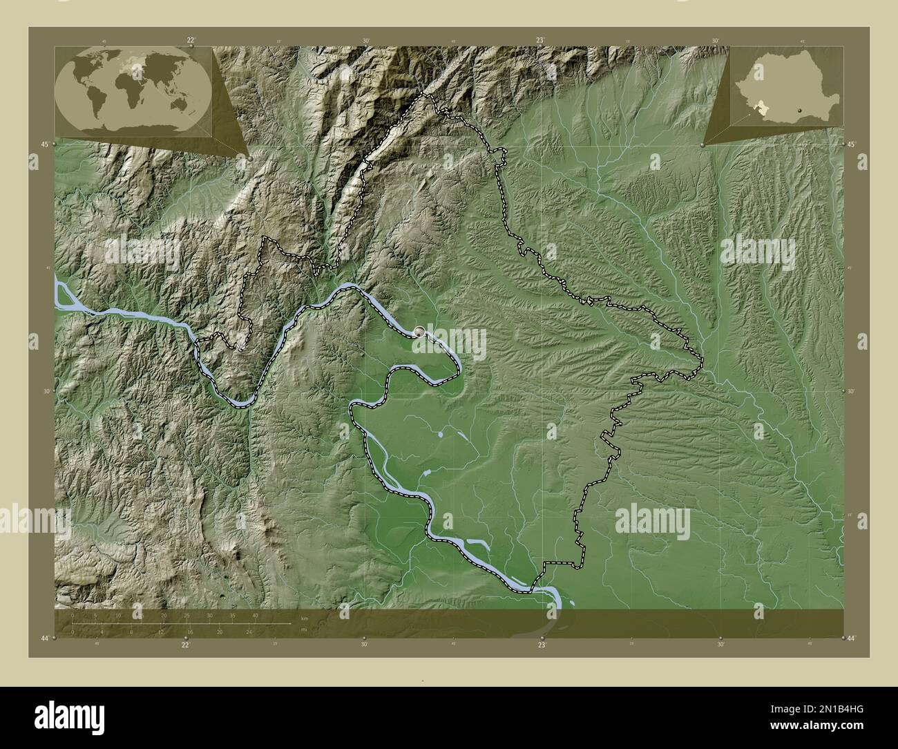 Mehedinti, contea di Romania. Mappa dell'altitudine colorata in stile wiki con laghi e fiumi. Mappe delle posizioni ausiliarie degli angoli Foto Stock