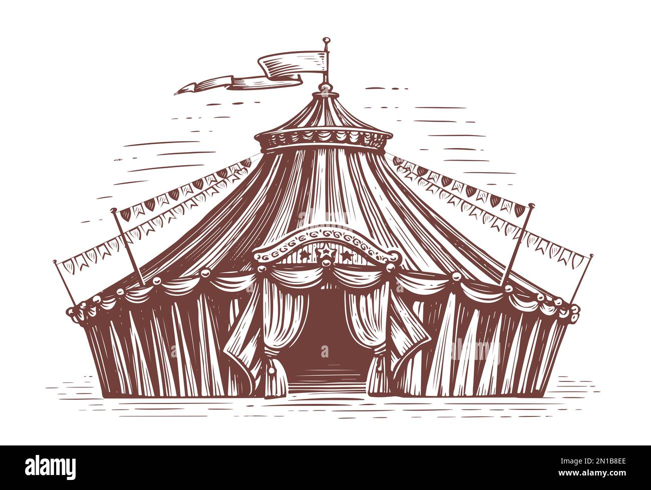 Tenda da circo retrò a righe. Festa di festa, fiera di divertimento. Illustrazione di schizzi vintage disegnati a mano Foto Stock