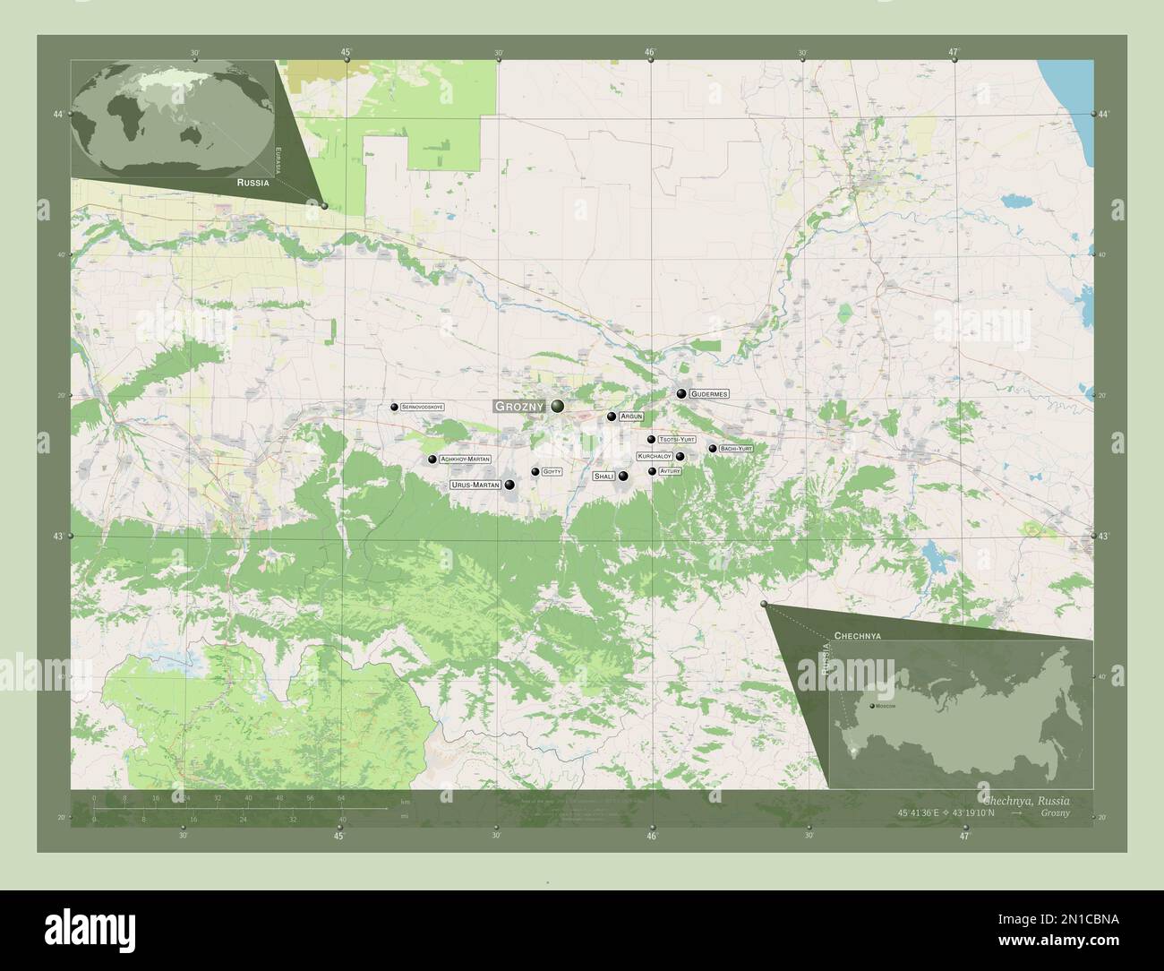 Cecenia, repubblica di Russia. Aprire la mappa stradale. Località e nomi delle principali città della regione. Mappe delle posizioni ausiliarie degli angoli Foto Stock