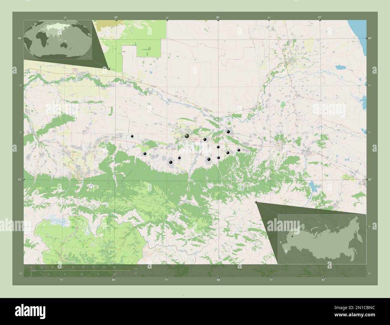 Cecenia, repubblica di Russia. Aprire la mappa stradale. Posizioni delle principali città della regione. Mappe delle posizioni ausiliarie degli angoli Foto Stock