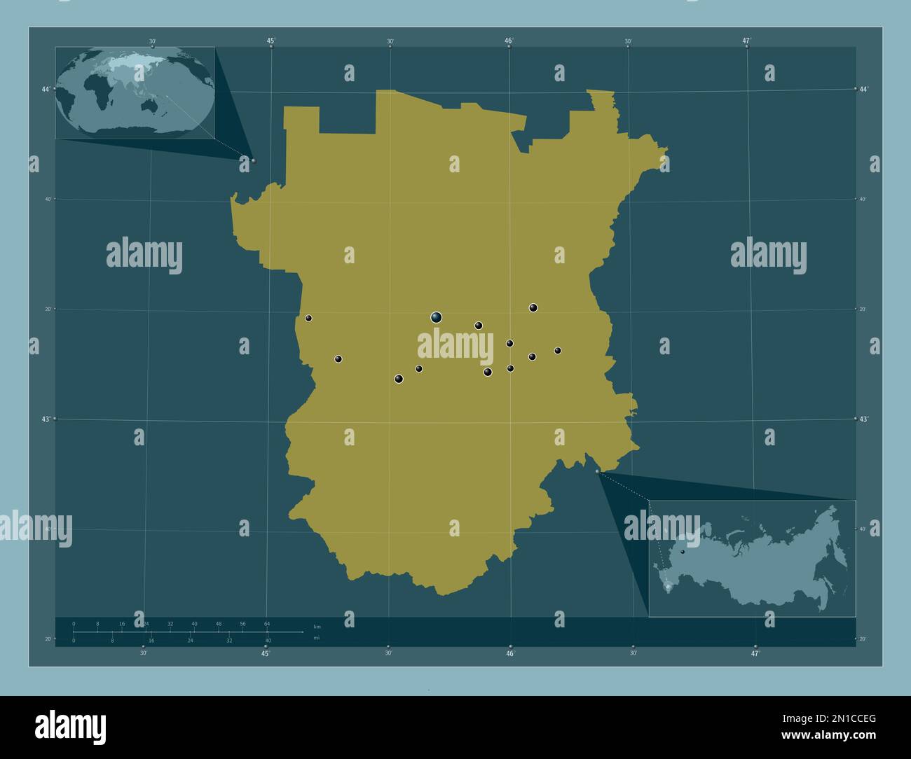 Cecenia, repubblica di Russia. Forma a tinta unita. Posizioni delle principali città della regione. Mappe delle posizioni ausiliarie degli angoli Foto Stock
