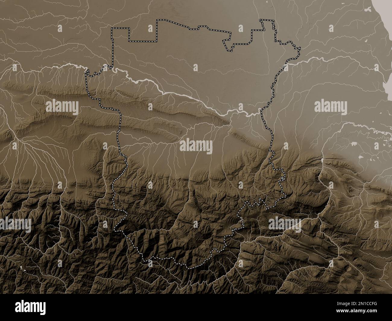Cecenia, repubblica di Russia. Mappa dell'altitudine colorata in tonalità seppia con laghi e fiumi Foto Stock