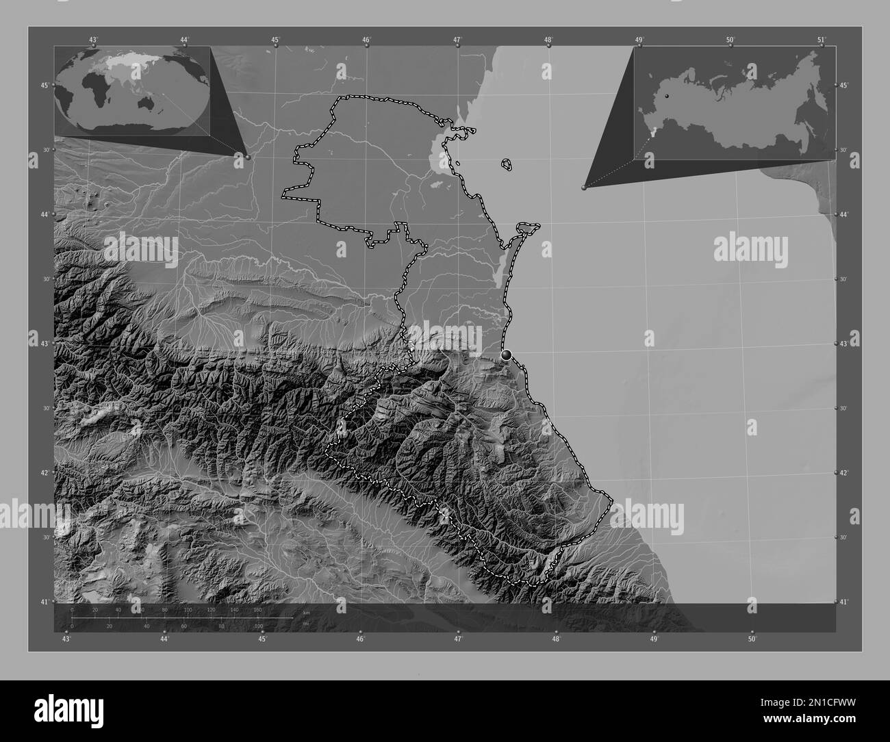 Dagestan, repubblica di Russia. Mappa altimetrica bilivello con laghi e fiumi. Mappe delle posizioni ausiliarie degli angoli Foto Stock