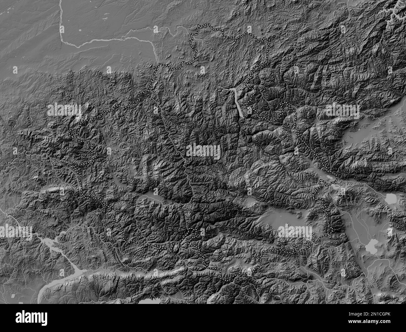 Gorno-Altay, repubblica di Russia. Mappa altimetrica bilivello con laghi e fiumi Foto Stock