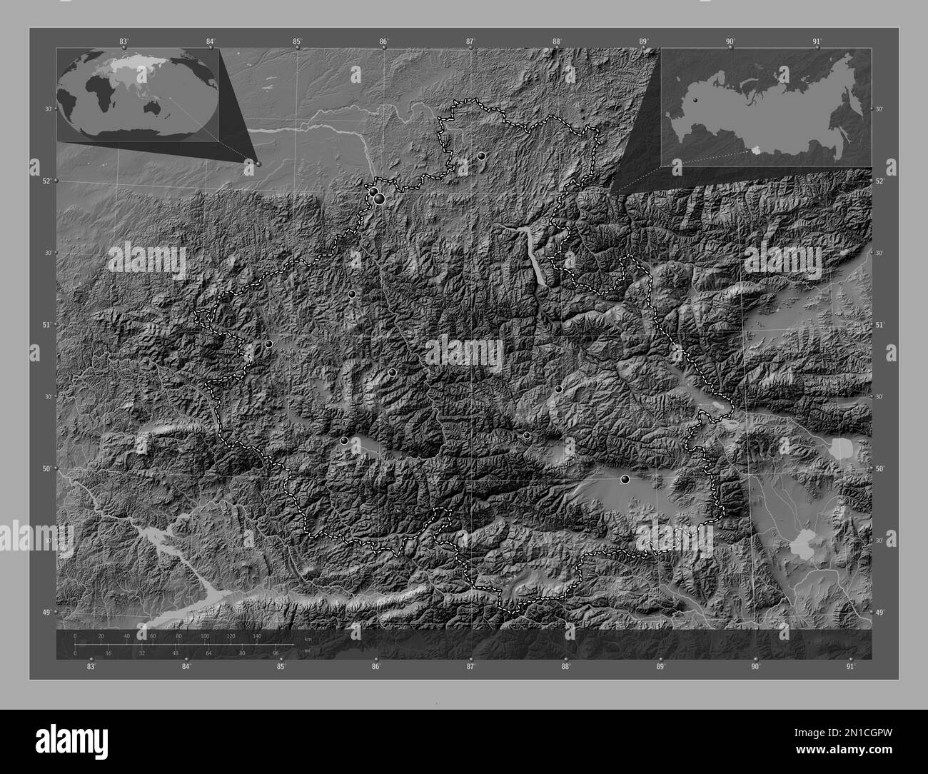 Gorno-Altay, repubblica di Russia. Mappa altimetrica bilivello con laghi e fiumi. Posizioni delle principali città della regione. Mappe delle posizioni ausiliarie degli angoli Foto Stock