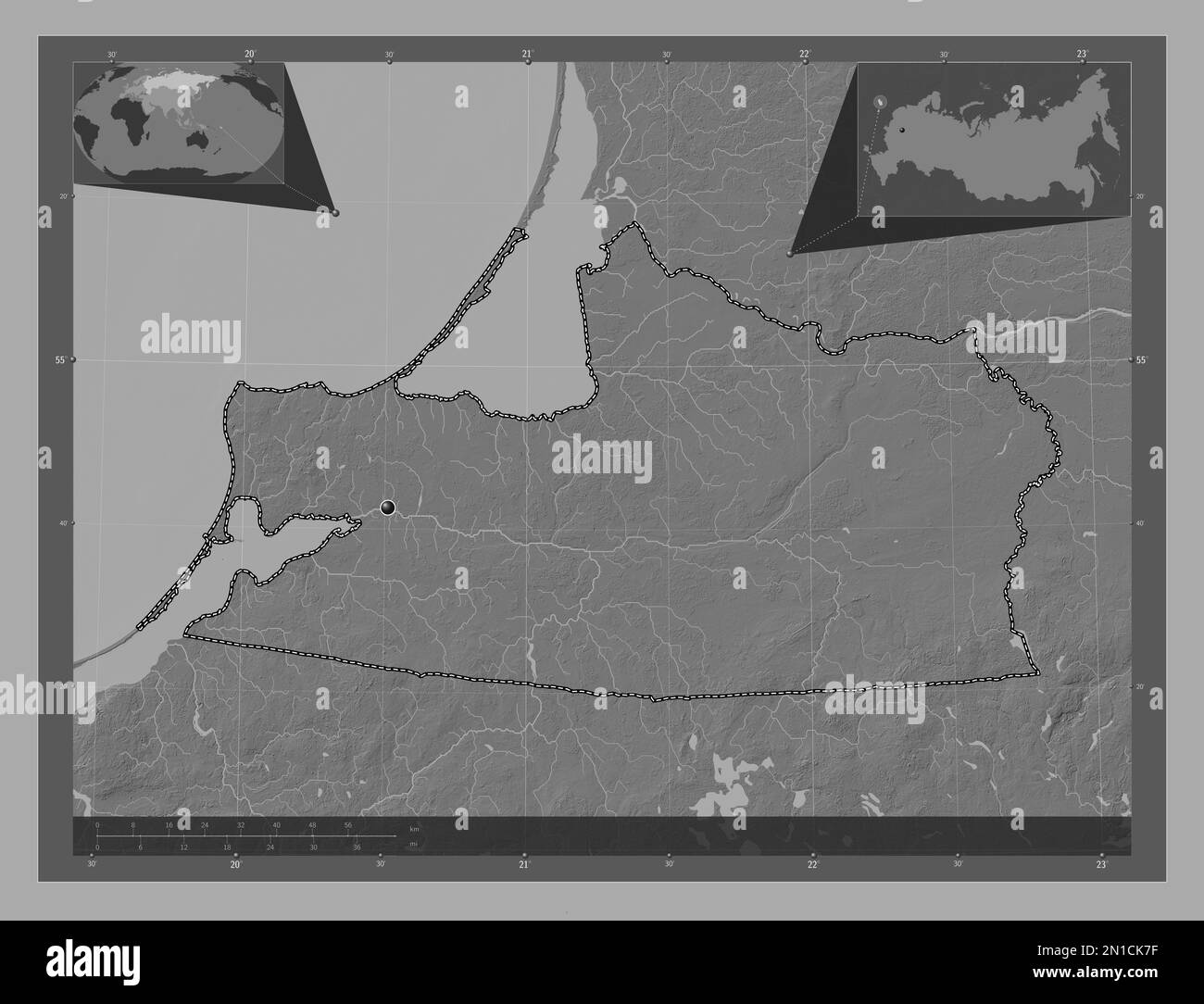 Kaliningrad, regione della Russia. Mappa altimetrica bilivello con laghi e fiumi. Mappe delle posizioni ausiliarie degli angoli Foto Stock